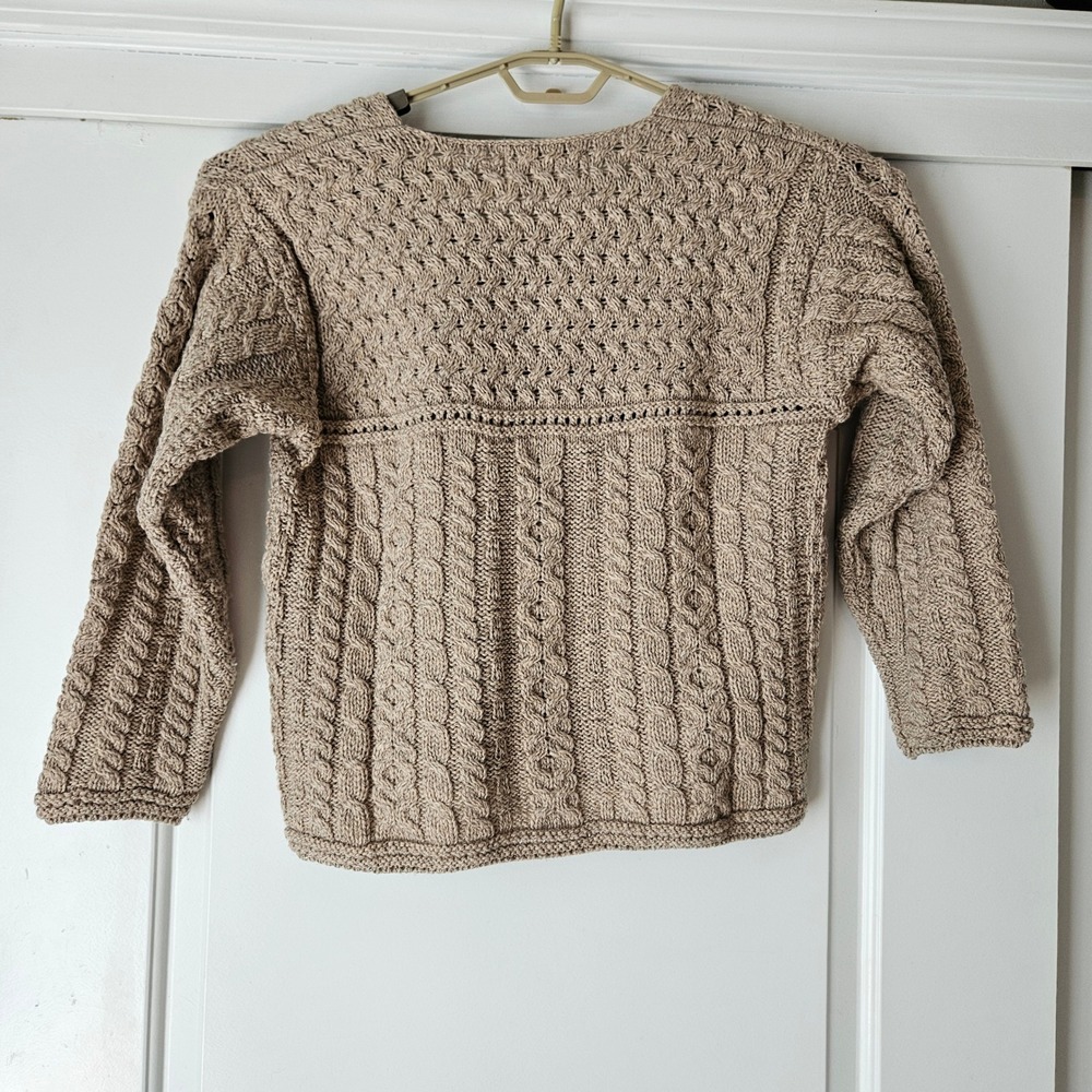 Aran Sweater Market Women S Beige 100% Merino Wool Cable Knit V-Neck Ireland - Picture 2 of 6